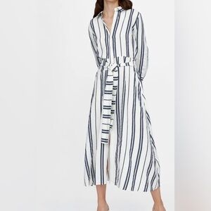 Zara Woman Linen Blend Long Maxi Shirt Dress Vertical  Stripes XL NWOT